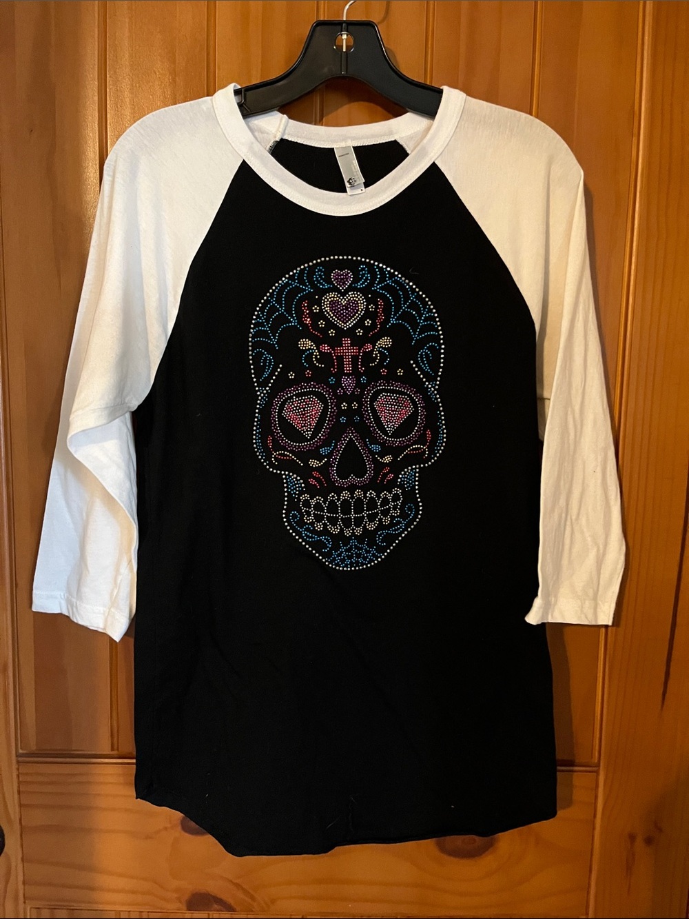 American Apparel Black & White Raglan Tee with Rhinestone Sugar Skull